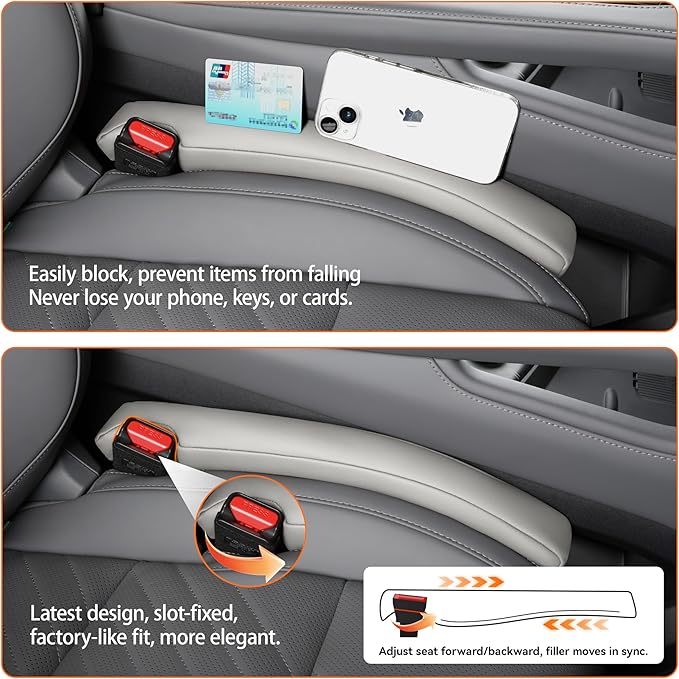 Car Seat Gap Filler - 2 Pack Premium Leather Console Blockers for Cars, Trucks & SUVs - Adjustable 1.4-2.4 Inch Width - Prevents Items Falling Between Seats (Grey)