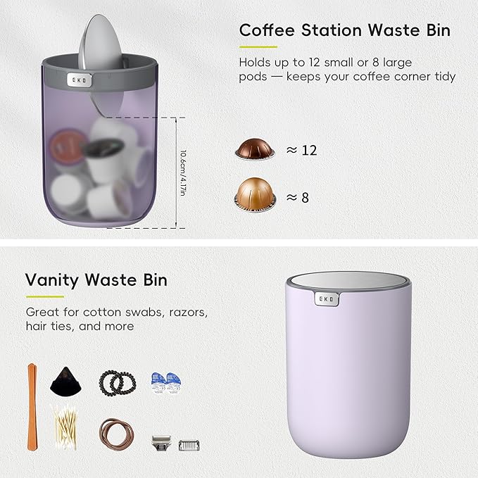 EKO Fandy 0.4 Gal/1.5L Mini Tabletop Trash Bin with Swing-Lid, Desktop Trash Can for Bathroom Countertop, Vanity, Coffee or Office, Small Garbage Bin (Lavender)