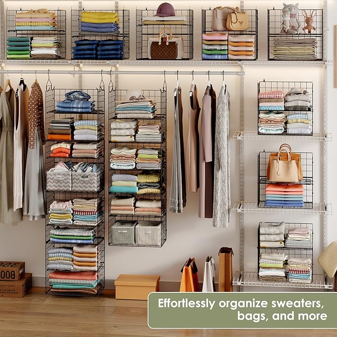 Hanging Closet Organizer and Storage - 8 Tier Closet Hanging Organizer Shelves, Metal & Foldable Hanging Storage Organizer Ba