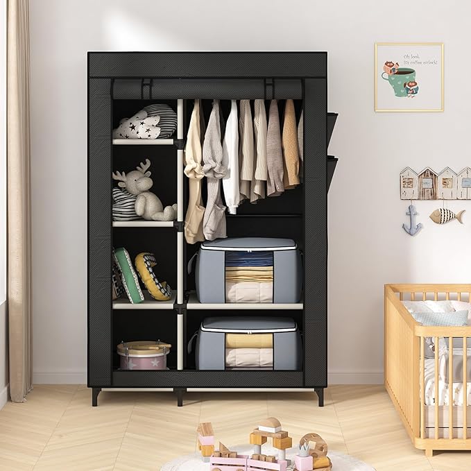 Calmootey Portable Closet, Wardrobe with 6 Shelves and Hanging Rod, Storage Organizer for Bedroom, Non-Woven Fabric Cover wit