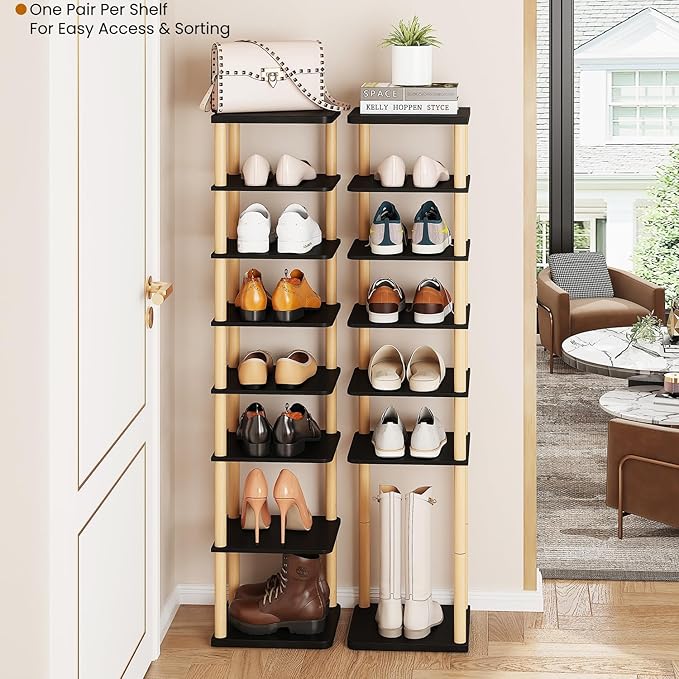 LUCKNOCK Vertical Shoe Rack, 8-Tier Tall Narrow Shoe Organizer for Entryway, Closet, Dorm & Small Spaces, Freestanding Wooden