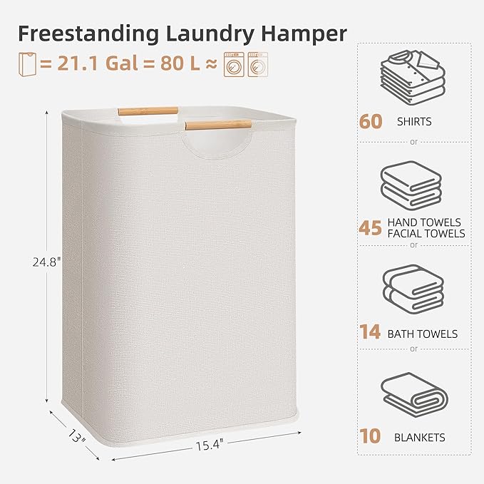 STORAGE MANIAC Large Laundry Hamper, 80L (21.1 Gal) Collapsible Laundry Basket with Bamboo Handles, Freestanding Waterproof C