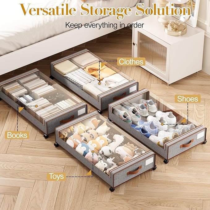 Yecaye Under Bed Storage with Wheels, 4 Pack Under the Bed Storage Containers with Lids & Label, XXL 60L Rolling Underbed Sto