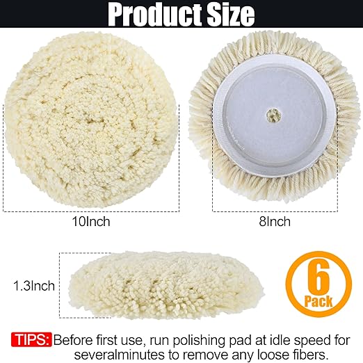 6 PCS Wool Buffing Polishing Pads - 8 Inch Natural Wool Cutting Pads with Hook and Loop Backing Compound & Polishing for Automotive Car Boats Glass Furniture Repair