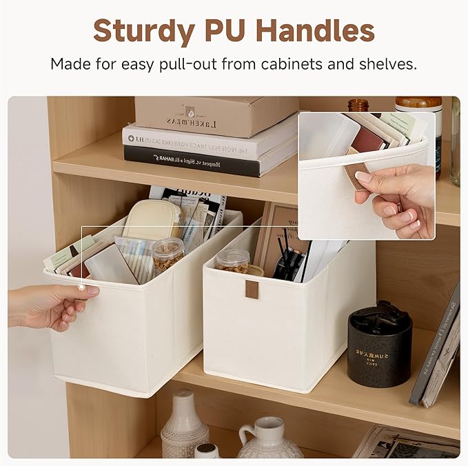 StorageWorks Narrow Storage Baskets for Shelves, Small Storage Bins, Fabric Storage Bins with PU Handle, Ideal for Clothes, U