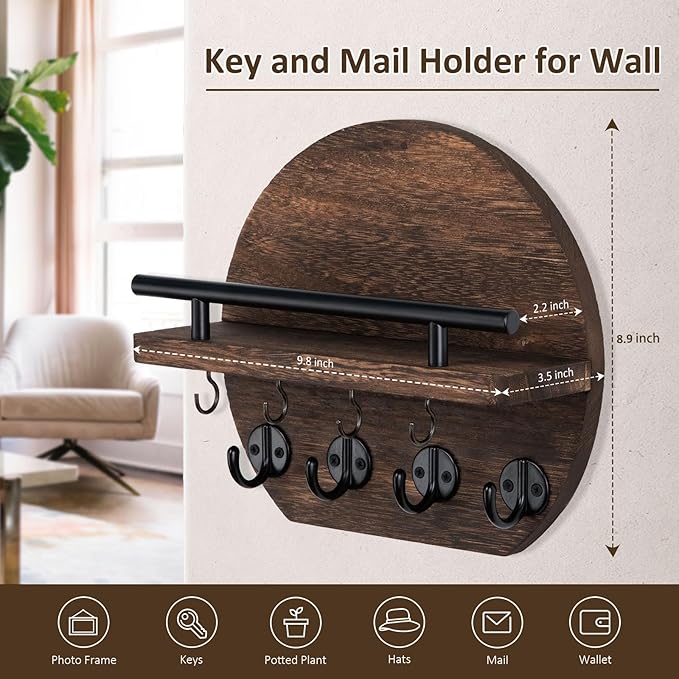 Nekon Key Holder for Wall - 9.8 Inch Apartment Wall Decor with Shelf and 8 Key Hooks, Circular Wood Key Hanger for Home Decor