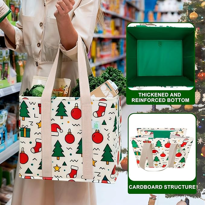 VENO 3 Pack Christmas Reusable Grocery Bags, Shopping Bags for Groceries, Tote with Handles and Hard Bottom, Foldable Shopping Cart Organizer, Water Resistant, Heavy-Duty (Jingle Mix, 6 Gallon)