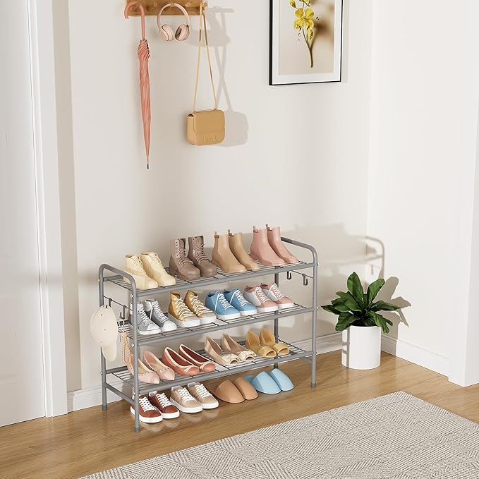 VILICK 3 Tier Shoe Rack 33" Wide Metal Shoe Organizer Long Shoe Storage with 4 Side Hooks Sturdy Shoes Shelf for Front Door E
