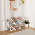 VILICK 3 Tier Shoe Rack 33" Wide Metal Shoe Organizer Long Shoe Storage with 4 Side Hooks Sturdy Shoes Shelf for Front Door E