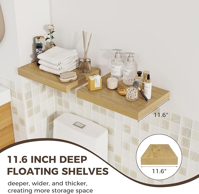 Fun Memories 12 Inch Deep Floating Shelves, 16 x 12 Wooden Wall Shelves, Extra Deeper & Thicker Rustic Wall Mounted Storage S