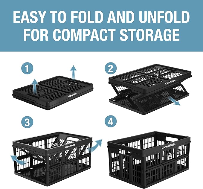 CleverMade Collapsible Utility Crates 45L (3 Pack) – Foldable Plastic Crates with Heavy Duty 66 lb Capacity, Collapsible Crat
