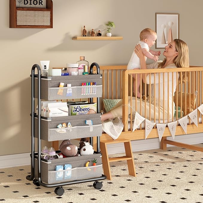 3-Tier Baby Diaper Caddy Organizer Cart, Mobile Nursery Storage Carts with Wheels, 3 Dividers & 6 Mesh Pockets Durable Metal 