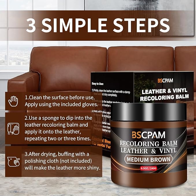 Medium Brown Leather Recoloring Balm,Leather Couch Scratch/Stain Remover,Leather Repair kit for Vinyl Furniture and Car Inter