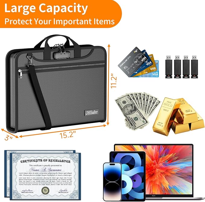 Fireproof Accordion File Organizer with Lock, Water Resistant Expanding File Folder with Shoulder Strap, Important Document O