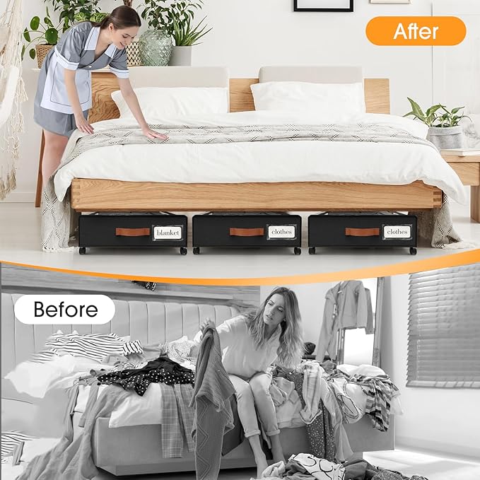 Under Bed Storage with Wheels 3Pack Storage Containers with Clear Window&Label Under Bed Drawers Rolling Under Bed Storage fo