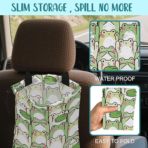 Car Garbage Bag Cute Cartoon Frogs Drawstring Car Trash Bag Hanging for Back Seat with Adjustable Buckle Canvas Vehicle Trash Can Easy-to-Install