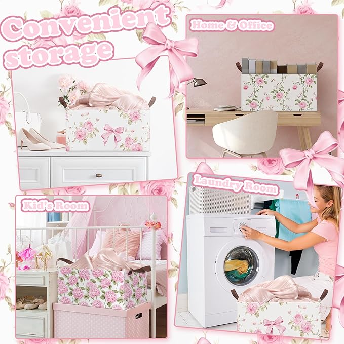 Boao 3 Pcs Pink Hydrangea Foldable Storage Baskets Pink Flower Laundry Basket with Handles Waterproof Storage Bins Fabric She
