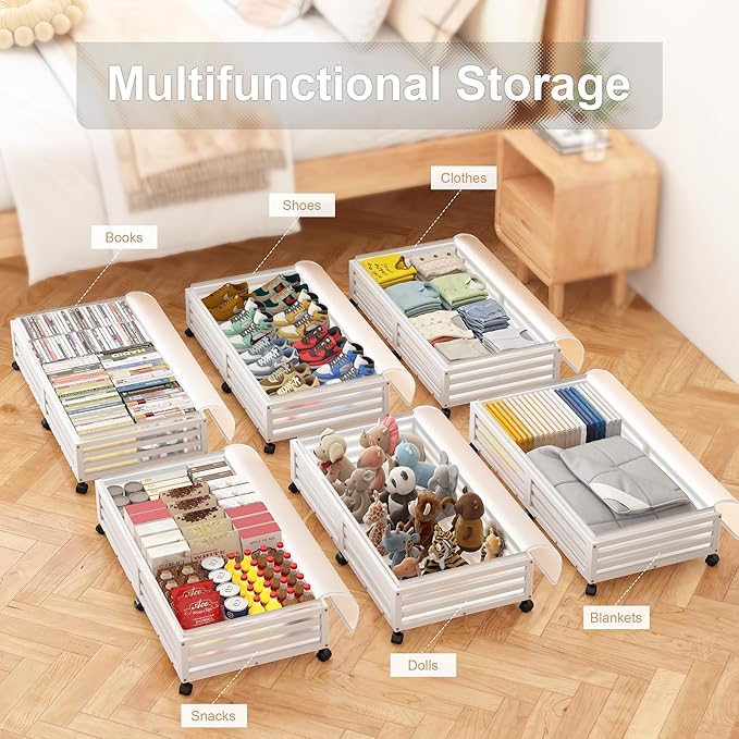 Under Bed Storage with Wheels-Large Bamboo Underbed storage Containers with Large Dust Bag Stackable Under the Bed Shoe Stora