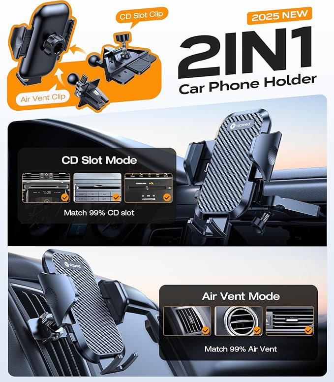 VICSEED Military-Grade Sturdy Car Phone Holder Mount, Upgraded Anti Shake Metal CD Slot & Air Vent Thick Case Friendly Phone Mount for Car Fit for iPhone 17 16 15 Samsung All Phones - Classic Black