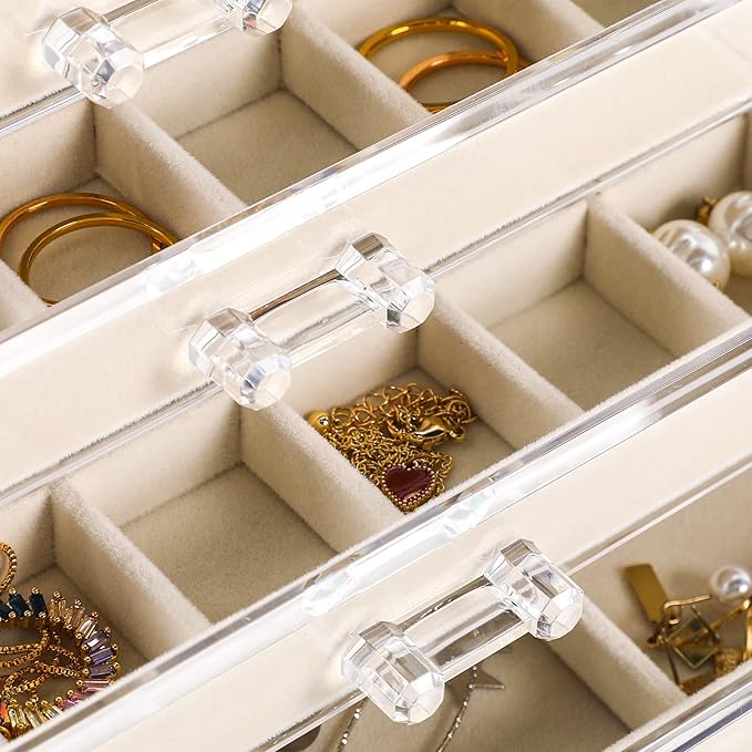 Frebeauty Acrylic Jewelry Organizer Earring Organizer Box with 5 Drawers Earring Holder Organizer with Velvet Trays Clear Jew