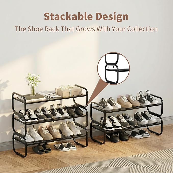 3 Tier Shoe Rack - Expandable Shoe Organizer for Closet, Adjustable Metal Shoe Shelf Storage, Stackable Long Shoe Stand Holde