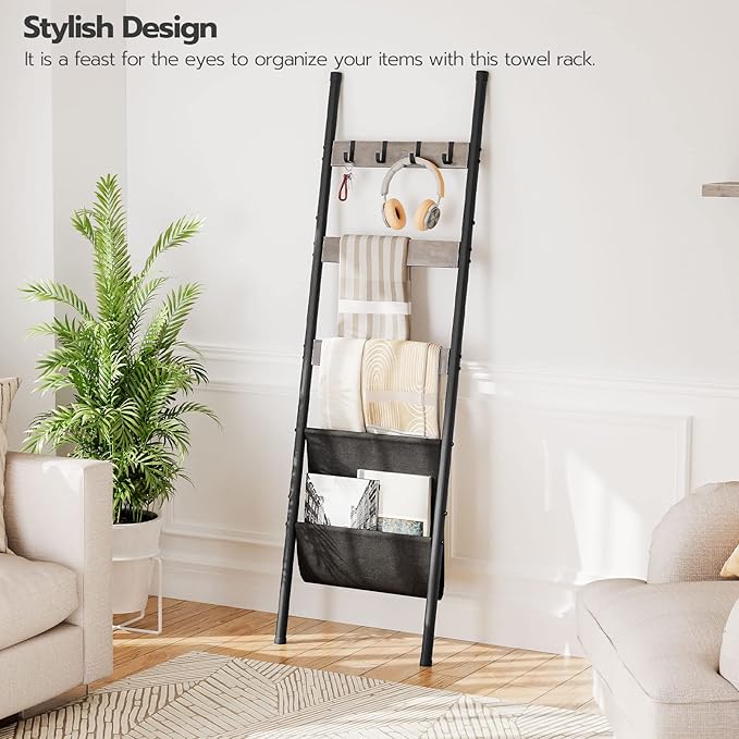 HOOBRO Blanket Ladder, 5 Tier Towel Rack, 17.3" L x 63" H, Wall-Leaning Blanket Rack for Living Room, Decorative Ladder with 