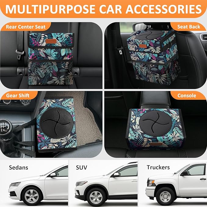 3 Gallons Car Trash Can with Lid, Bag Bin Hanging Waterproof Automotive Car Garbage Cans Leak Proof Vehicle Trash Can for Truck SUV,Colorful Leaves