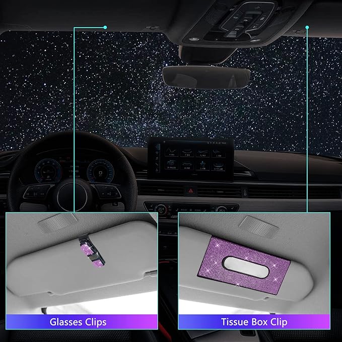 25PCS Bling Car Car Accessories Set,15 Inch Steering Wheel Cover,Shiny License Plate Frame,Center Console Cover and Rearview Mirror Set and Other Car Accessories(Purple)