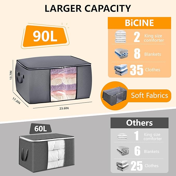 3 Pack Clothes Storage Bags, 90L Large Blanket Storage Bag Comforter Storage Bin with Reinforced Handle and Lid Foldable Clos
