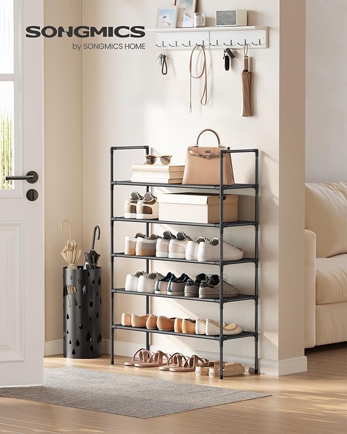 SONGMICS 5-Tier Shoe Rack, Shoe Storage for Hallway Closet, Slim and Space-Saving, Metal Frame, Non-Woven Fabric Shelves, Bla