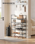 SONGMICS 5-Tier Shoe Rack, Shoe Storage for Hallway Closet, Slim and Space-Saving, Metal Frame, Non-Woven Fabric Shelves, Bla