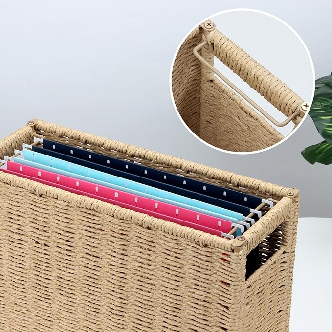 14.6 x 5.9 x 10.8 Inch Large Decorative File Box, Decorative File Baskets for Seagrass Hanging Organizers Portable Letter Siz