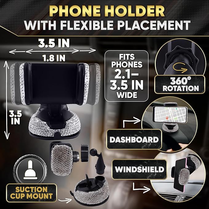 Bling Car Accessories Set 27 Pieces – Silver Steering Wheel Cover, Diamond License Plate Frame, Rhinestone Interior Car Decor, Cup Holders, Hooks, Universal Fit, Great Gift for Auto Lovers