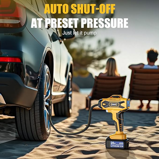 Cordless Tire Inflator Air Compressor: 160PSI Portable Air Pump Compatible with Dewalt 20V Battery, with 4AH Battery & Charger, Digital Pressure Gauge for Cars, Motorcycles, Bikes