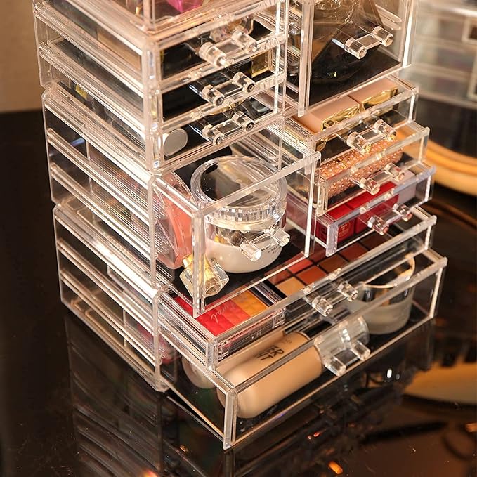 Cq Acrylic 4 Pack Clear Makeup Storage, Stackable 10 Drawer Organizer for Vanity, Jewelry, Hair Clip, Beauty & Skincare Produ