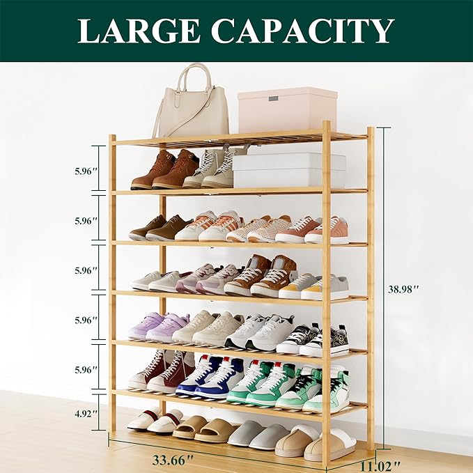 Smiry Shoe Rack, 6 Tier Long Bamboo Shoe Organizer, Stackable Free Standing Wooden Shoe Storage Shelf for Closet, Entryway, F