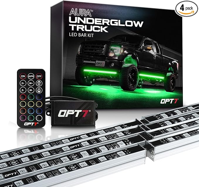 OPT7 Aura Aluminum Underglow LED Lighting Kit for Truck with Remote Control, 12V Exterior Waterproof Off-Road Neon Accent Light Bar, RGB Multicolor Under Car Decorations, Easter Gifts