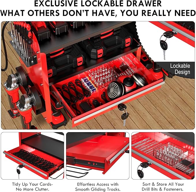 KSVO Power Tool Organizer Wall Mount with Drill Rack, Grinder Holder, Hammer & Pliers Rack, Locking Drawers, 6-Outlet Chargin