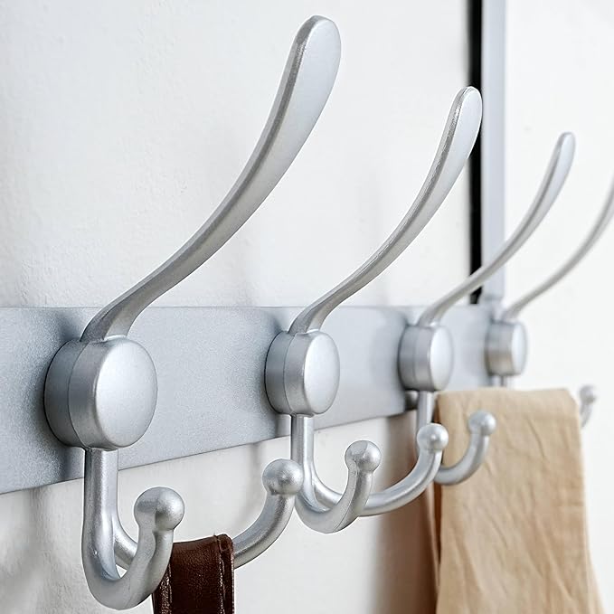 Dseap Over The Door Hook Hanger - Fits 1 3/8" to 1 3/4" Standard Doors | 5 Tri Hooks Heavy Duty Towel/Coat Rack | Door Organi