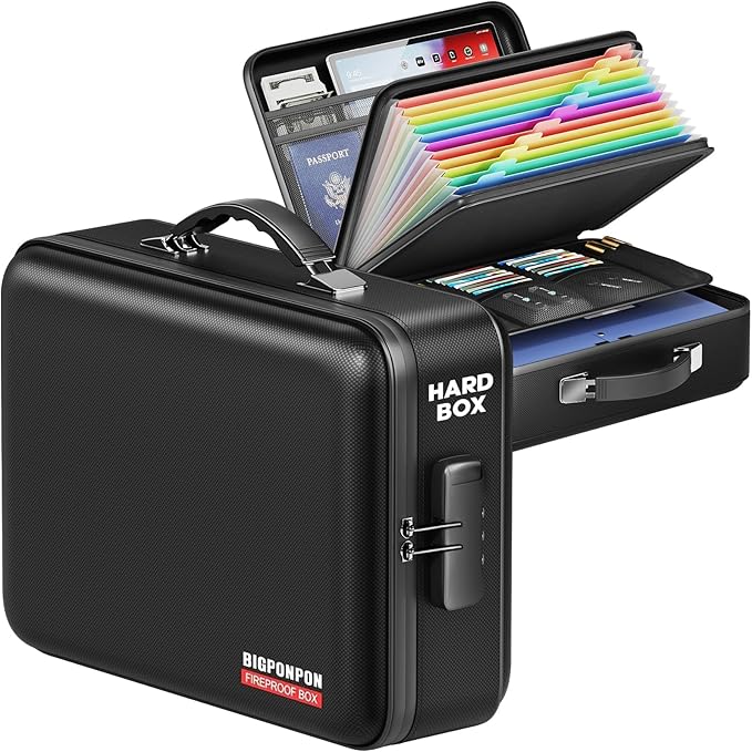 Fireproof Document Box, Hard Case Highly Flame-Resistant Fire Proof Waterproof File Organizer with Lock, Portable Fire Safe f