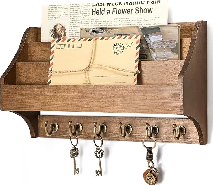 Rebee Vision Pine Wood Key Holder Wall Mount - Hanging Mail Holder for Wall with Key Hooks & 3-Tire Letter Slot - Multifuncti