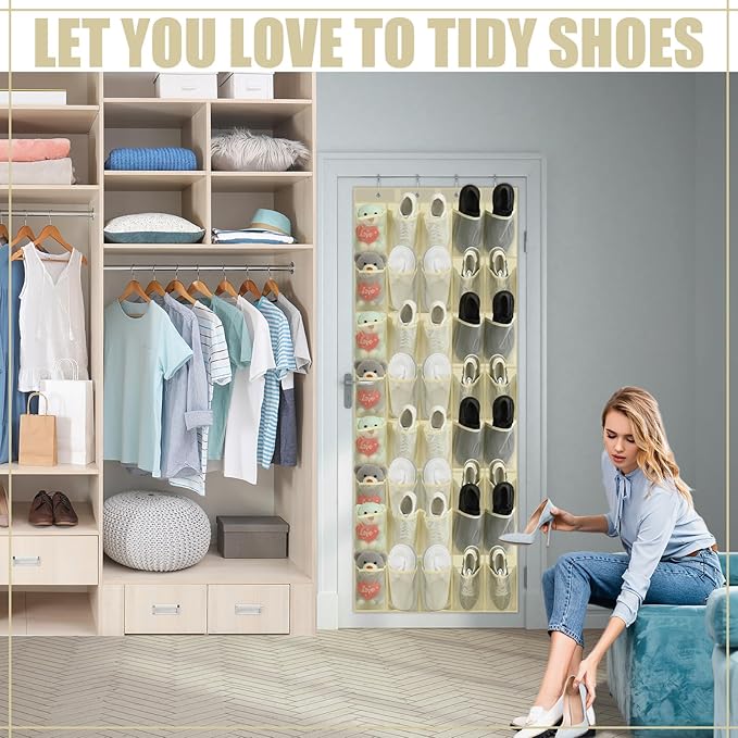 Windyun 40 Over the Door Shoe Organizer Large Breathable Mesh Pockets Hanging Shoe Rack for Closet Beige Behind Door Hanger S