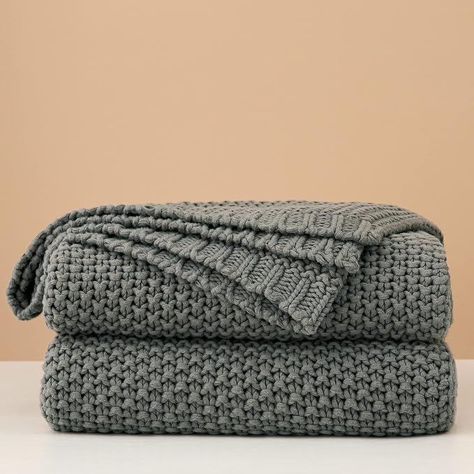 Chunky Cable Knit Throw Blanket Lightweight Grey 100% Organic Cotton Blanket for Sofa Couch Bed Baby Nursery, Rustic Shabby C