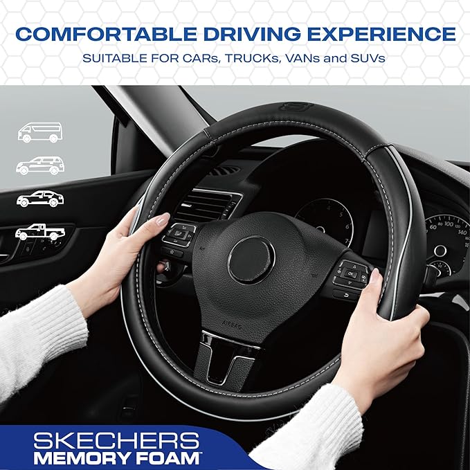Skechers Memory Foam Steering Wheel Cover,Piping Microfiber Leather Steering Wheel Cover Sporty Universal Fit 14" 1/2-15" Car