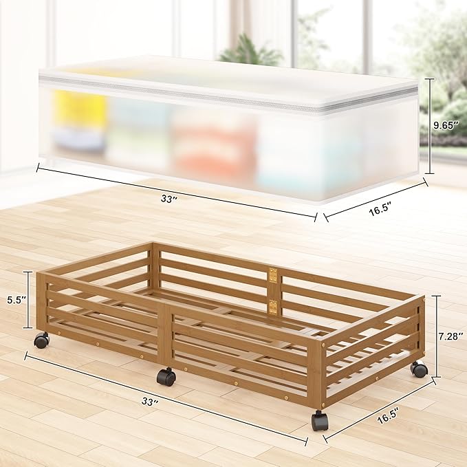 Under Bed Storage with Wheels-Large Bamboo Underbed storage Containers with Large Dust Bag Stackable Under the Bed Shoe Stora