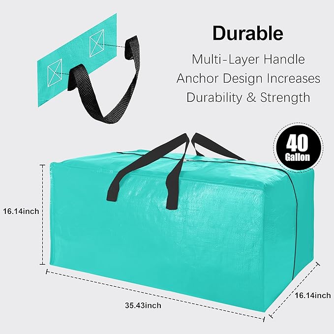 6 Pack Heavy Duty Extra Large Moving Bags W/Backpack Straps - Strong Handles & Zippers, Storage Totes For Space Saving, Fold 