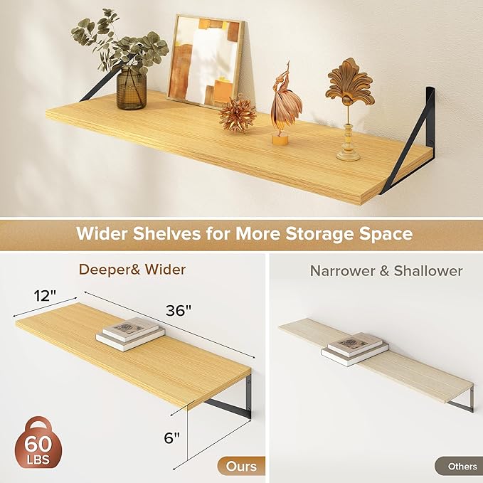 Deep Floating Shelves Wall Mounted, 36"x12" Oak Wall Shelves with Brackets Set of 2 for Bedroom, Living Room, Bathroom, Kitch