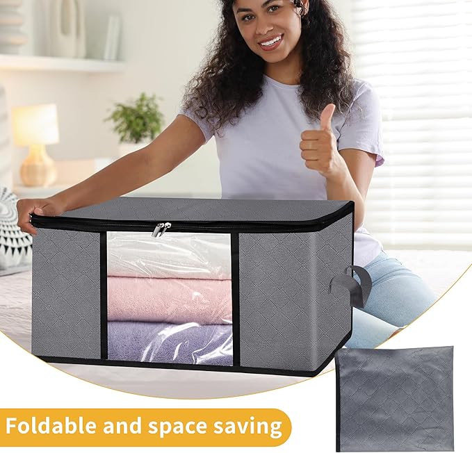 3 Pack Storage Bags, 45L Foldable Clothes Storage Bins with Lids, Closet Organizers Blanket Storage Bags with Zippers Clear W