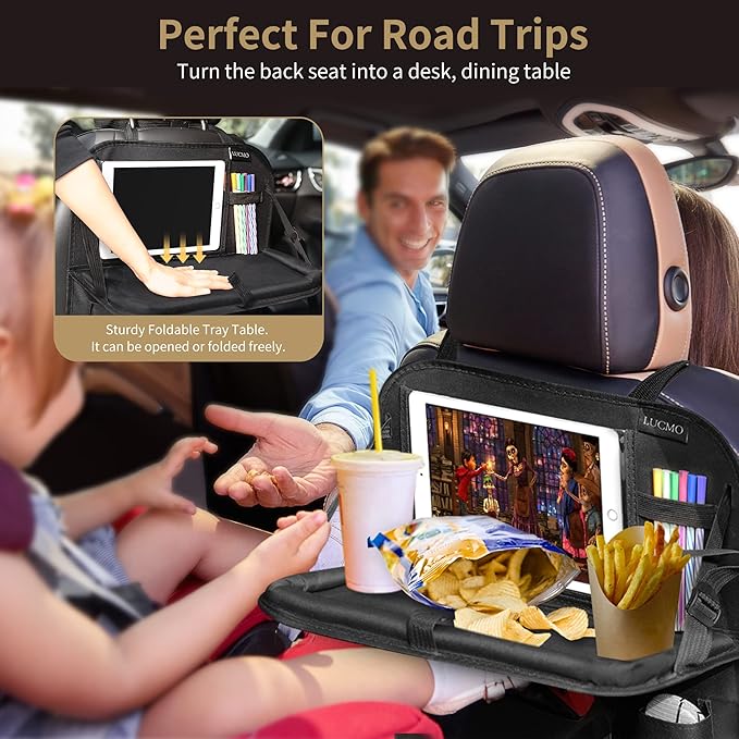 LUCMO Car Backseat Organizer with Tablet Holder,6 Storage Pockets Car Storage Organizer with Foldable Food Tray,Protectors Kick Mats Travel Accessories-Black
