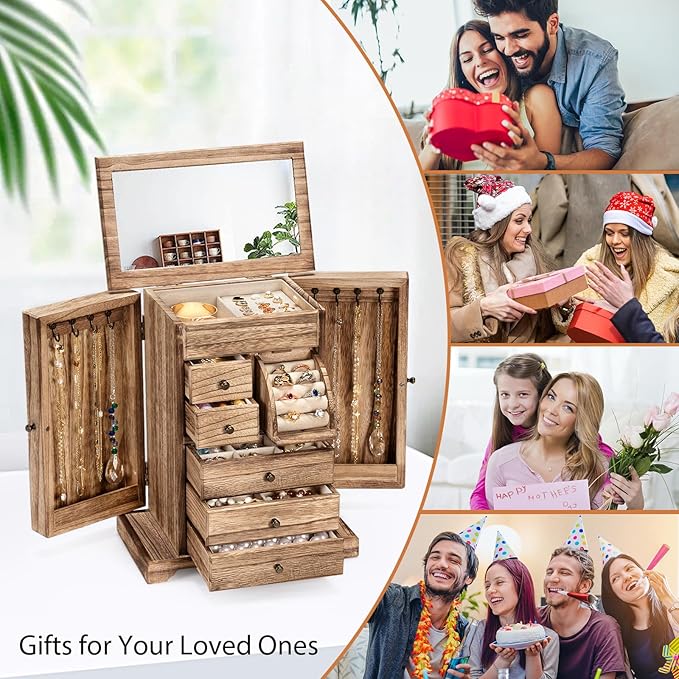 Jewelry Box for Women, Rustic Wooden Jewelry Boxes & Organizers with Mirror & Drawers,6 Layer Jewelry Organizer Box for Rings